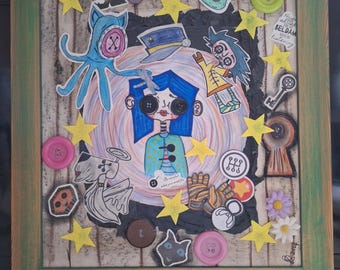 Coraline Film Inspired Collage: Handmade Mixed Media Wall Decor