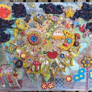 Vibrant maximalist mixed-media sun / moon celestrial spirit one-of-a-kind-art wall piece. Expressive folk art, hand sculptered statement art