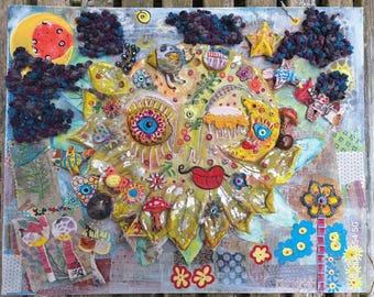 Vibrant maximalist mixed-media sun / moon celestrial spirit one-of-a-kind-art wall piece. Expressive folk art, hand sculptered statement art