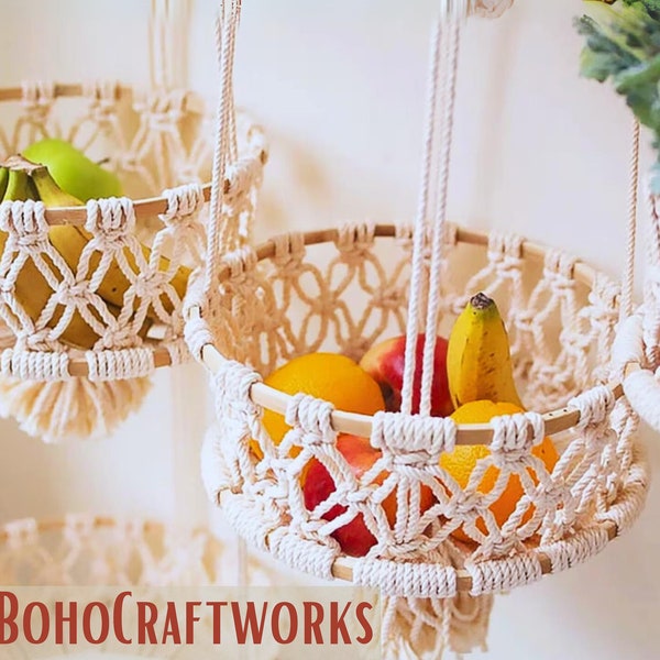 Panier suspendu en macramé à plusieurs niveaux, récipient de rangement de fruits en macramé suspendu, rangement de cuisine végétarienne de dernière minute, cadeau de fête des mères