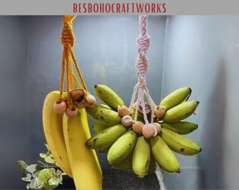 Macrame Banana Hanger Boho Banana Bungee Wooden Ring and Beads Kitchen Storage Food Storage Fruit Holder Banana Hanging