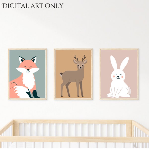 Cute Woodland Creatures DIGITAL Nursery Art | Soft Muted Colors | Perfect Baby Room Decor | Cute DIGITAL Forest Animal Prints x3