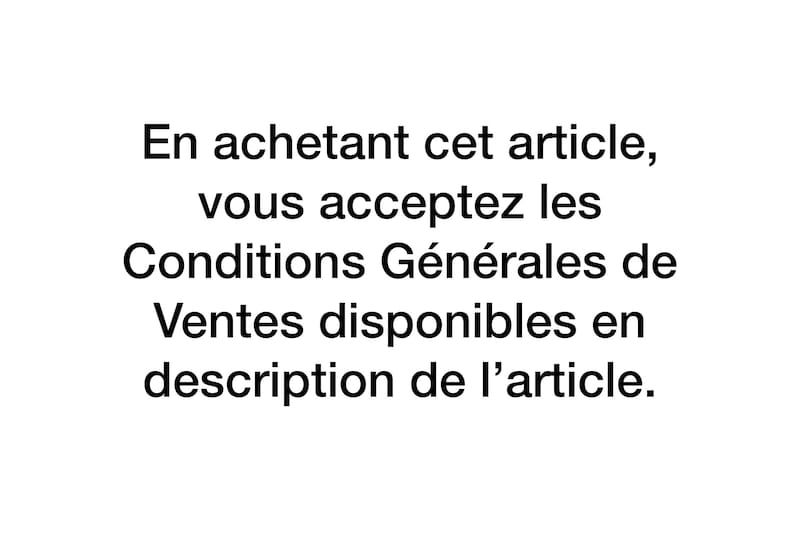Puede incluir: Un gr&aacute;fico rectangular blanco con texto negro centrado que dice: En achetant cet article, vous acceptez les Conditions G&eacute;n&eacute;rales de Ventes disponibles en description de l'article. El texto est&aacute; escrito en una fuente sans-serif clara.