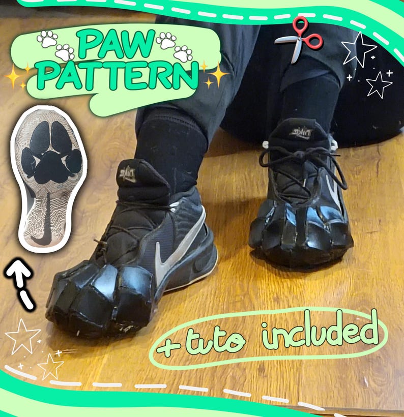 Puede incluir: Un par de zapatillas deportivas negras modificadas con accesorios negros segmentados en forma de garra sobre la puntera. Un gr&aacute;fico separado muestra un patr&oacute;n de huella de pata en la suela. La imagen incluye el texto PAW PATTERN y + tuto included.