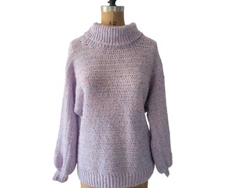 Vintage Handmade Turtleneck Sweater, Knit Bell Sleeves, Raglan Sleeves, Pastel Purple, Size Large, Fairy Kei, Grannycore, Cottagecore