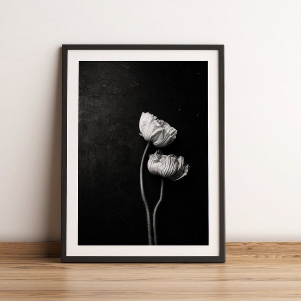 Black and white floral print, White poppies decor, downloadable dining room wall art, dark cottagecore photo print