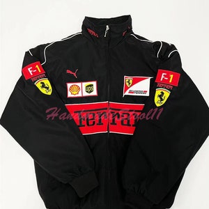 F 1 Ferrari Racing Jacket - Formula 1 Vintage Unisex - Track limited-Rare Black - White and Red - Y2K Fully Embroidered Coat