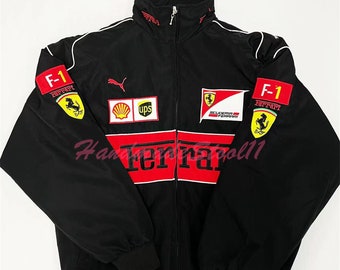 F 1 Ferrari Racing Jacke - Formel 1 Vintage Unisex - Strecke limitiert-selten Schwarz - Weiß und Rot - Y2K Voll bestickter Mantel