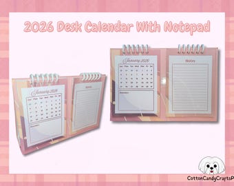 May include: A pink desk calendar with notepad for the year 2026. The calendar has a spiral binding and features a calendar for January 2026 and a notepad section. The design includes a soft pink color scheme with a decorative pattern.