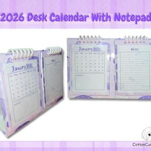2026 Lila skrivbordskalender med anteckningsblock, DIY-kalender 2026, utskrivbar skrivbordskalender, stående skrivbordskalender, minikalender, anteckningsblock, png, pdf