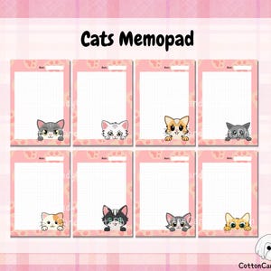 May include: Pink memo pad with a grid pattern and cute cartoon cats peeking from the top of each page. The text "Cats Memo pad" is at the top of the page.