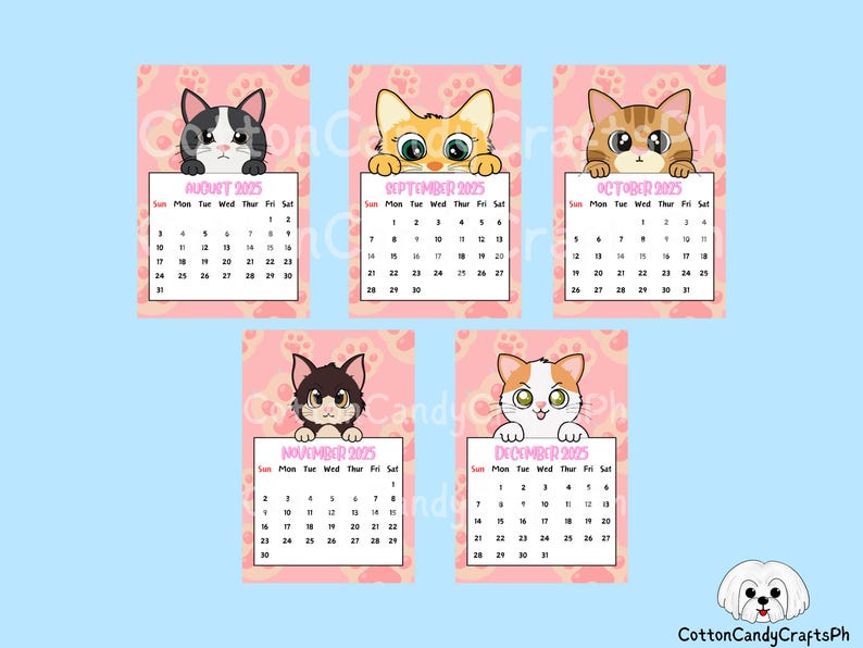 Cat Calendar 2025, Calendar 2025, Printable Desk Calendar, Mini