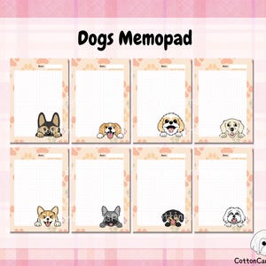 May include: A set of eight memo pads featuring different dog breeds. Each pad has a grid pattern and a cute dog illustration at the top. The pads are labelled "Dogs Memo pad".