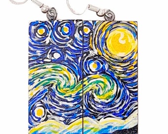 Starry Night. Hand painted earrings. Van Gogh. Wooden earrings.