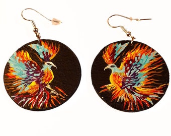 Phoenix in flames. Hand painted earrings.