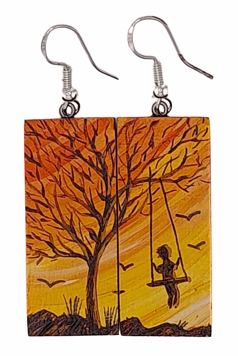 Landscapes. Moon. Tree of life. Swing at sunset. Hand painted earrings. Wooden earrings.