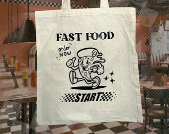 Retro fast-food tote bag | Graphic Tote bag | Natural and black printed Pizza vintage cotton bag | eco friendly