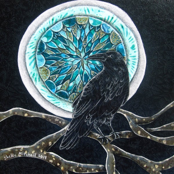 Raven art, followed by the moon, blackbird, unique home decor, gift for him, blue moon, shellieartist, Original artwork, mixed media art