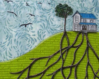 Home decor, white farm house, we put down roots, unisex gifts, house on a hill, blackbirds flying, Original artwork, Fabric on Wood art box