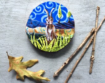 Bunny nursery decor, baby shower gift, shellieartist, rabbit art, one of a kind, Mounted Print, round wood slice