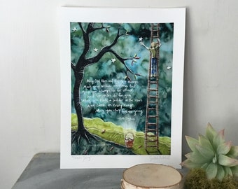 May include: A watercolor painting of a person climbing a ladder to reach a star in a tree. The painting has a blue, green, and brown color scheme. The text in the painting reads: "May God bless and keep you always May your wishes all come true May you always do for others And let others do for you May you build a ladder to the stars And climb on every rung May you stay forever young -Bob Dylan"