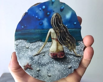Beach house decor, graduation gift, soul search, one of a kind, gift for her, shabby chic, Mounted Print, round wood slice, shellieartist