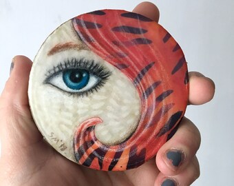 Unique home decor, Red hair, eye piece, blue eye, gifts for her, tiny art, birthday gift, shellieartist, Original art, Wood slice
