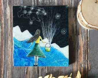 Little girl nursery art, constellation art, home decor, big dipper, gathering stars, baby shower gift, resin art Print, on wood panel