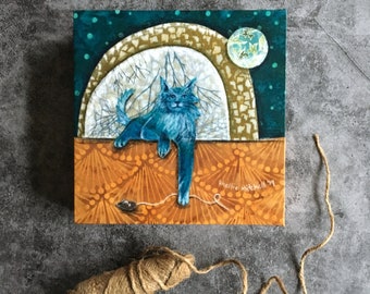 Original cat art, cat lover gift, toy mouse, gift for her, inside cat, kitty cat, housewarming, shellieartist, Original artwork, mixed media