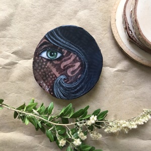 Tiny art, home decor, black hair, eye piece, green eye, gift for her, birthday gift, shellieartist, beautiful face, original art, wood slice image 1