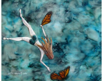 Monarch butterfly art, monarch wings, lost and found, beach decor print, summer girl, teal blue water