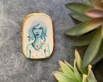 Blue girl 2, rectangle ceramic wall hanging, gold luster, boho art, small art, hand built pottery, shellieartist, white porcelain clay