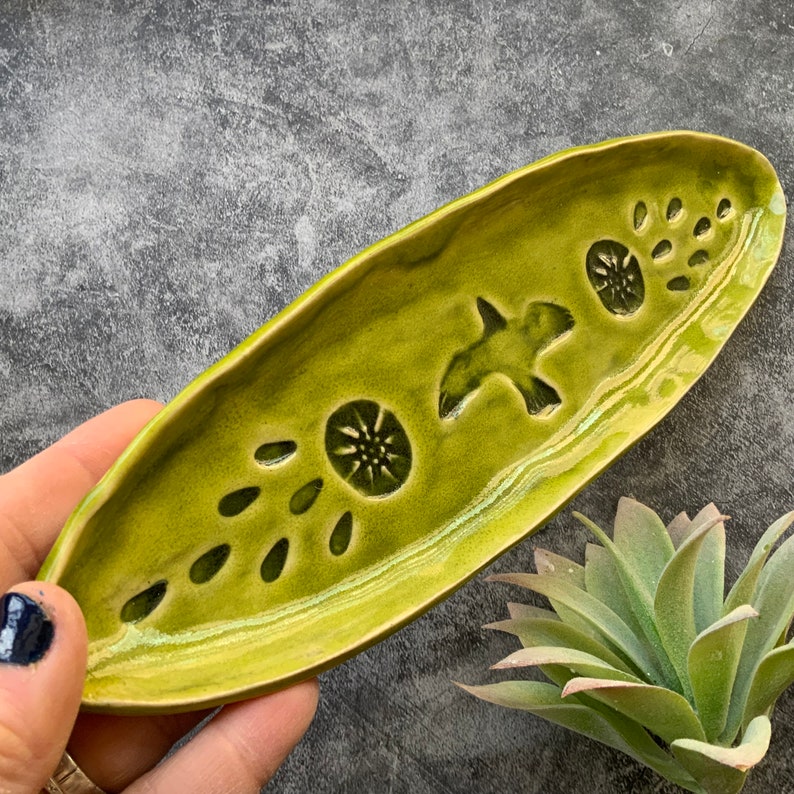 Green Rustic stamped ceramic dish, decorative ceramic dish, shellieartist, chef gift, appetizer, kitchen decor, stamped design image 4