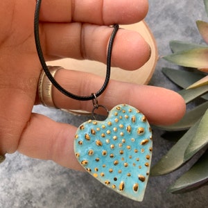 Blue heart ceramic pendant, porcelain pendant necklace, waxed black cord, ceramic jewelry, stamped clay, textured image 2