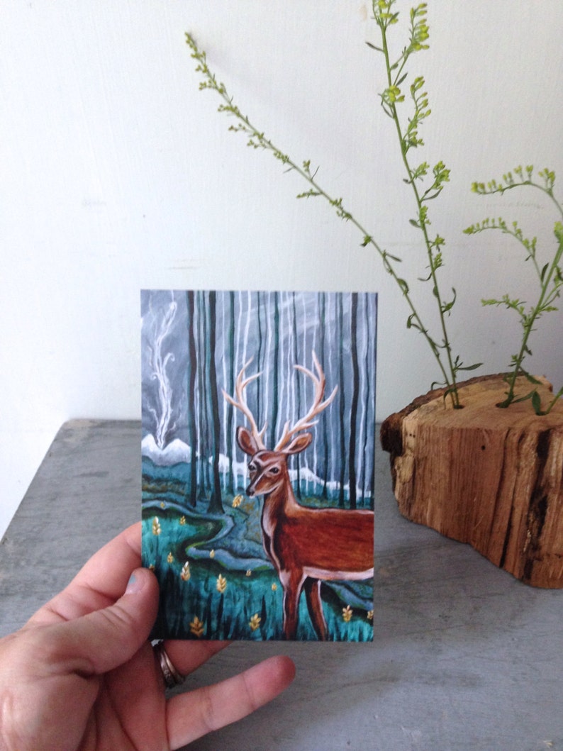Smoke Signals, blank post card, deer buck, forest woodland wild adventure, glossy finish 4 x 6 image 1