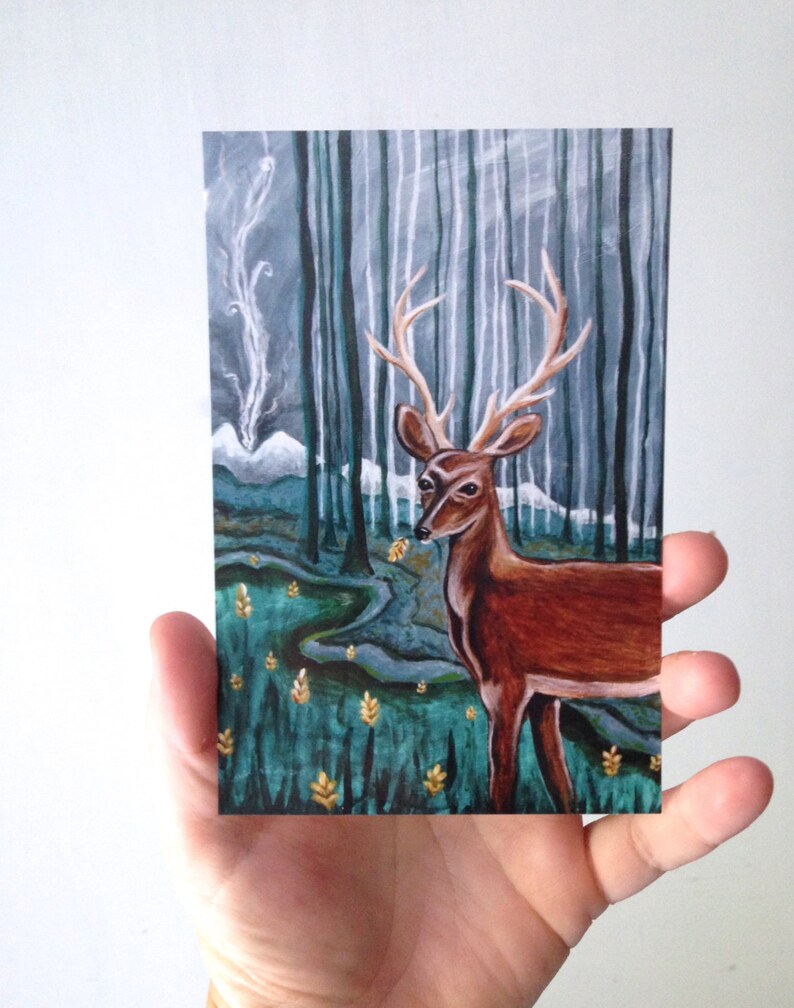 Smoke Signals, blank post card, deer buck, forest woodland wild adventure, glossy finish 4 x 6 image 2