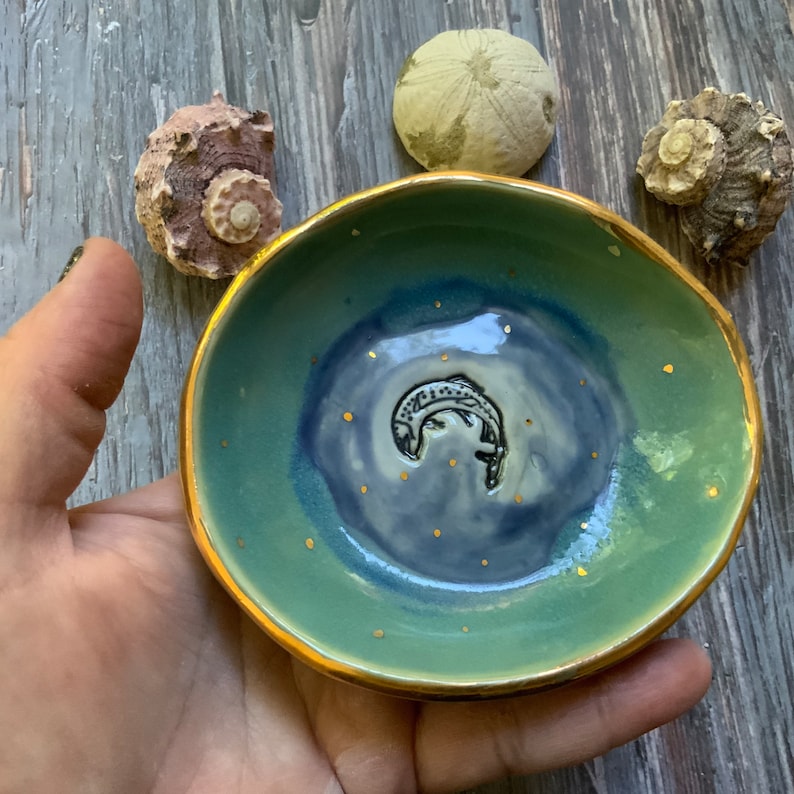 Trout ceramic trinket dish, fisherman gift, shellieartist, white porcelain, housewarming gift, small wonky dish, gold luster image 1