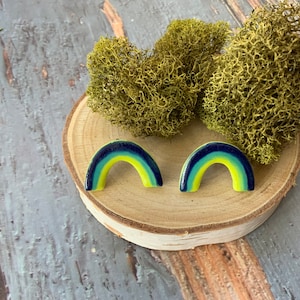 May include: A pair of rainbow-colored ceramic earrings. The earrings are shaped like arches and have a blue, green, and yellow color scheme.
