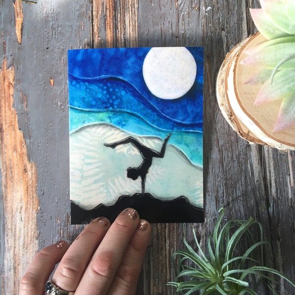 Yoga card, moonrise, yoga pose, yoga silhouette, yogi, healthy lifestyle, meditate, shellieartist, illustrated blank card, glossy finish