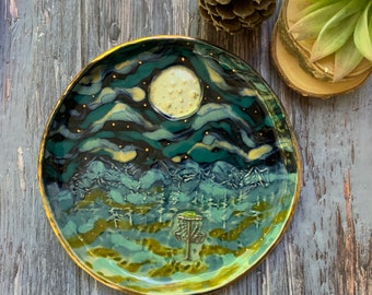 Disc golf Landscape dish, ceramic dish, silver and gold luster, home decor, shellieartist, housewarming gift, wooded park, porcelain