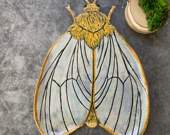 Ghost moth wall art, gold luster, boho art, hand painted moth, shellieartist, porcelain, colorful moth, nature inspired, mother of pearl