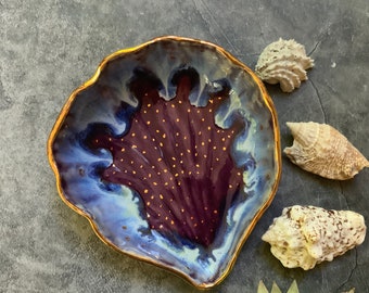 Purple and blue seashell ceramic dish, white clay, boho kitchenware, gold luster, shellieartist, hand built, beach decor, drippy glaze