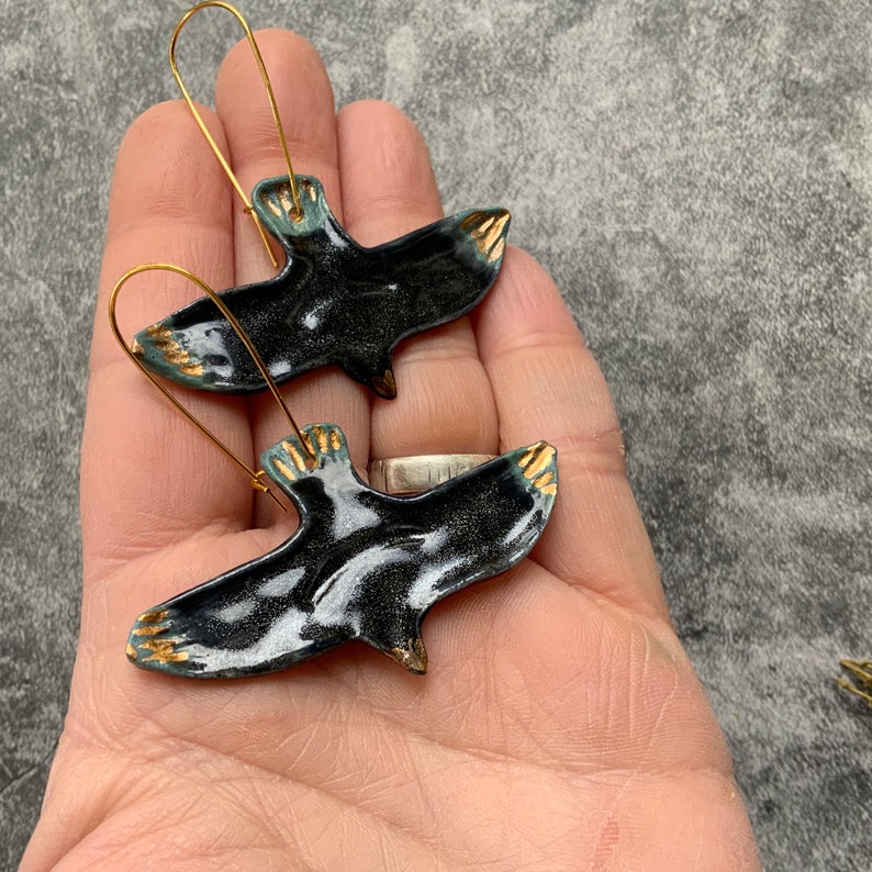 Flying black bird earrings, porcelain ceramic earrings, gold plated hooks, shellieartist, gold luster, turquoise glaze image 4