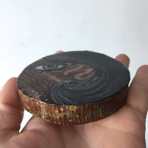 Tiny art, home decor, black hair, eye piece, green eye, gift for her, birthday gift, shellieartist, beautiful face, original art, wood slice image 3