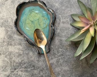 Ceramic spoon rest, black, blue and green, white clay, boho kitchenware, shellieartist, hand built, rustic pottery, stamped pottery