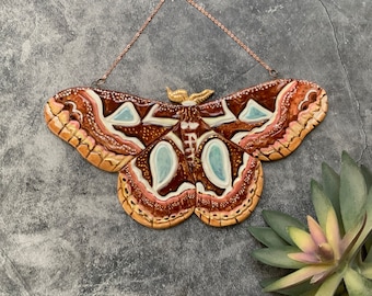 Silkmoth ceramic wall hanging, gold luster, red hand painted moth, shellieartist, porcelain, wall art, nature inspired, mother of pearl