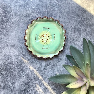 Small green stamped circle trinket dish, small ceramic dish, stamped, unique home decor, shellieartist, porcelain, copper luster