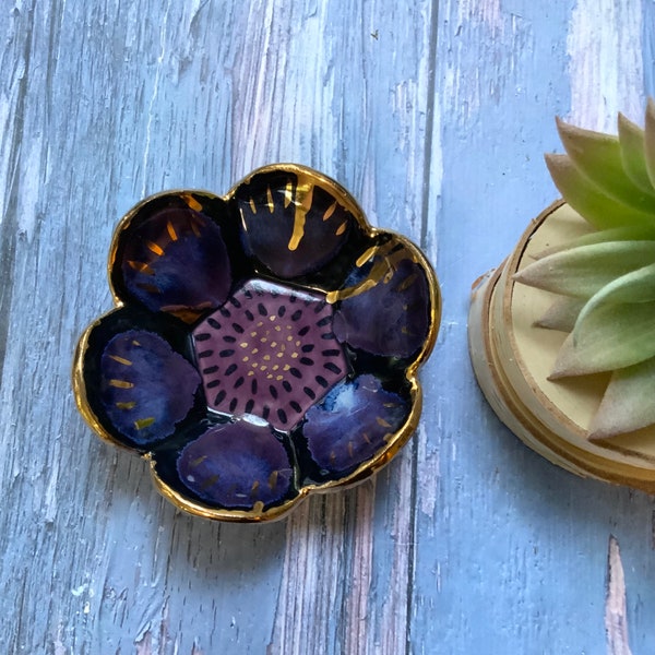 Purple flower trinket dish, small ceramic dish, gold luster, underglaze, unique home decor, shellieartist, hand built pottery, porcelain