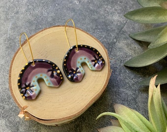 Purple blue rainbow earrings, ceramic earrings , porcelain ceramic earrings, gold plated hook, shellieartist, gold luster, dangle