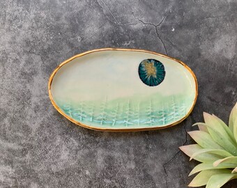 Blue sun landscape trinket dish, small ceramic dish, gold luster, unique home decor, shellieartist, hand built pottery, porcelain